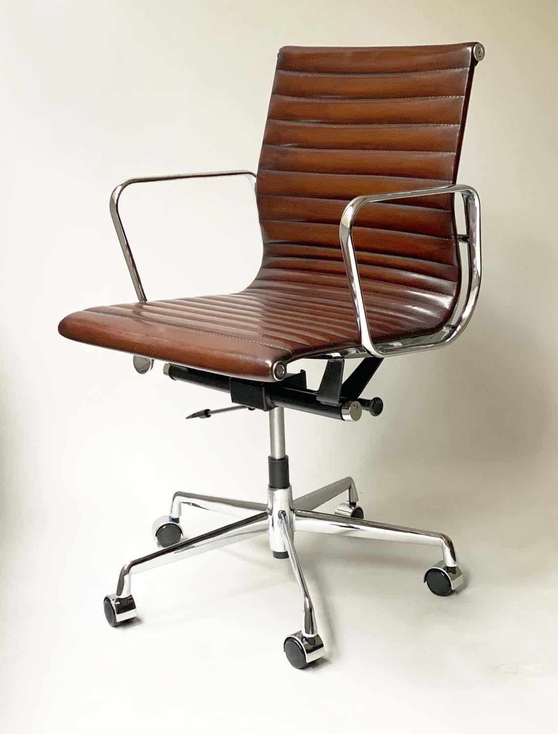 REVOLVING DESK CHAIR, Charles and Ray Eames inspired ribbed soft natural tan brown hand finished