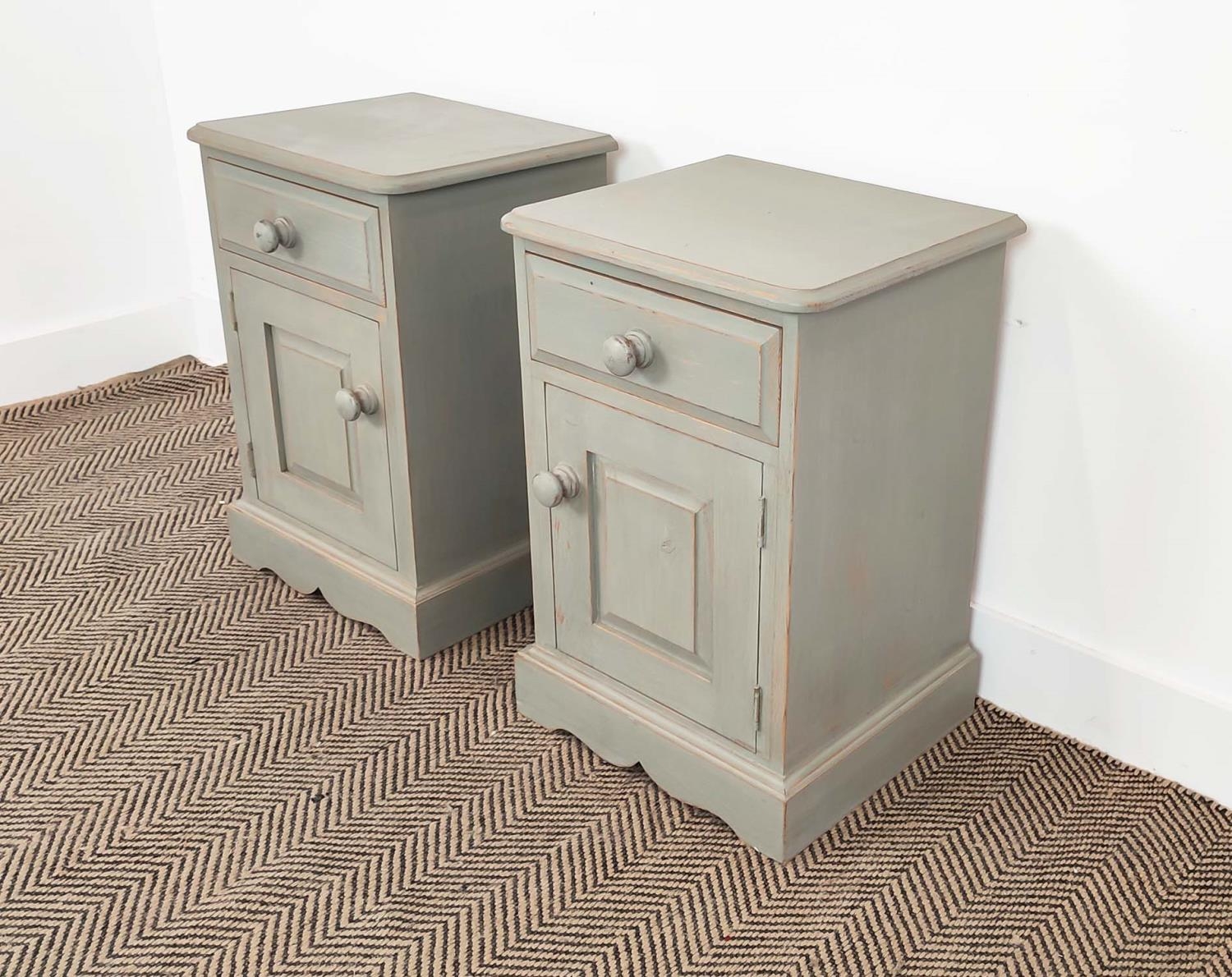 BEDSIDE CABINETS, a pair, grey painted, each with drawer and door, 60cm H x 40cm x 36cm. (2) - Image 5 of 16