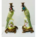 CANDLESTICKS, a pair, ceramic parrot form, gilt mounts, 35cm H x 15cm x 15cm. (2)