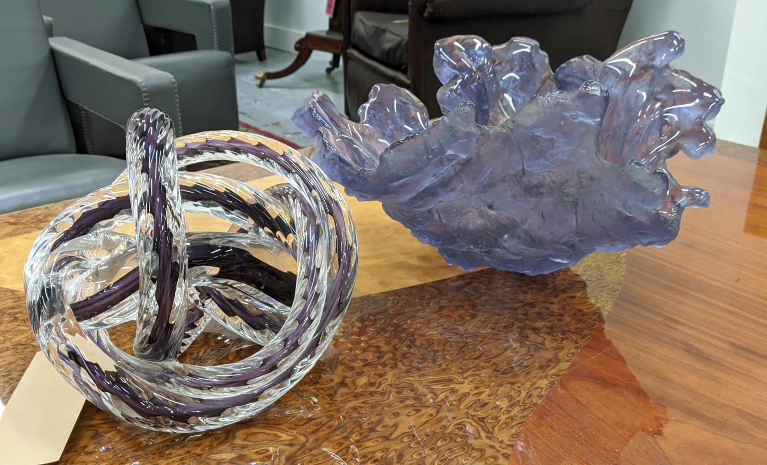 AMETHYST GLASS VASE, of organic form, 25cm H x 43cm W approx, together with a twinned glass - Bild 2 aus 8