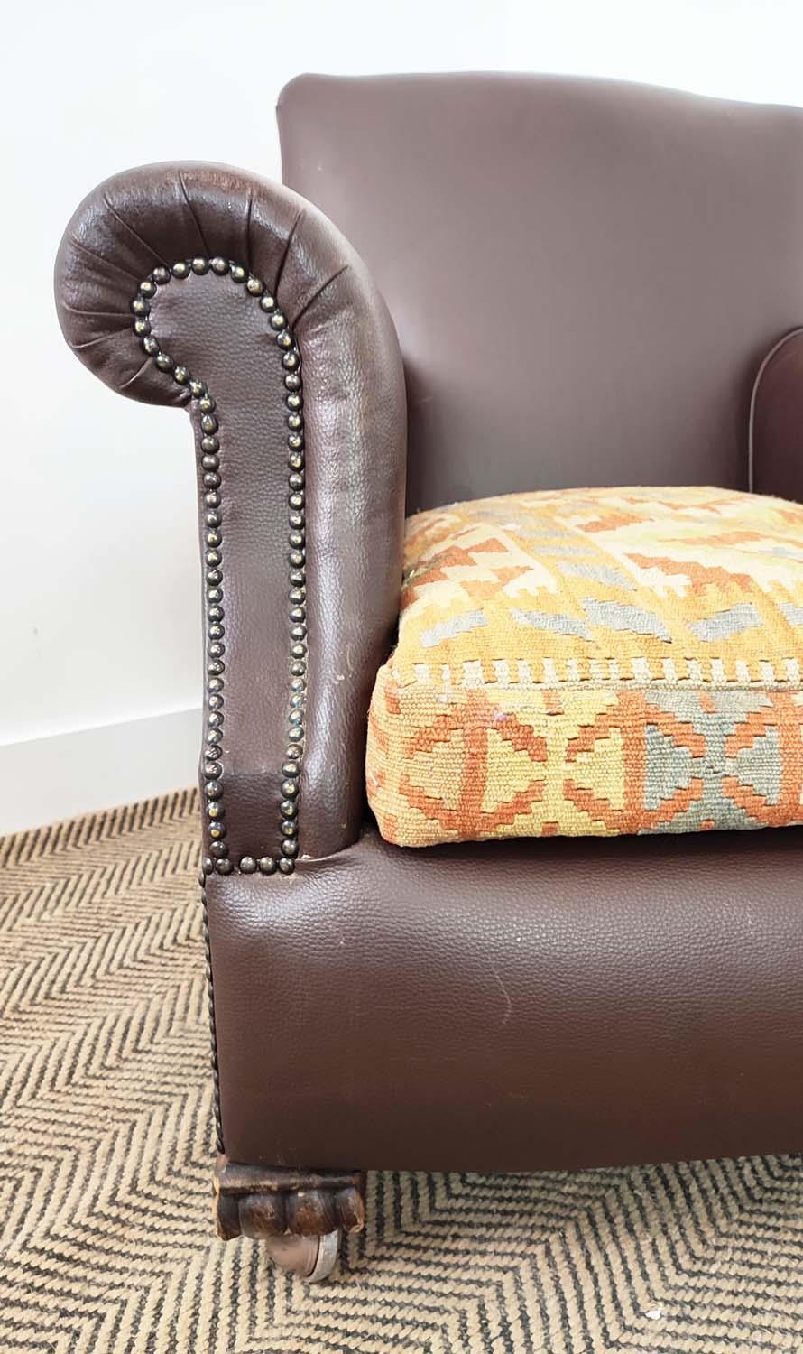 CLUB ARMCHAIR, early 20th century oak in brown leatherette with kilim seat cushion and modern - Image 7 of 14