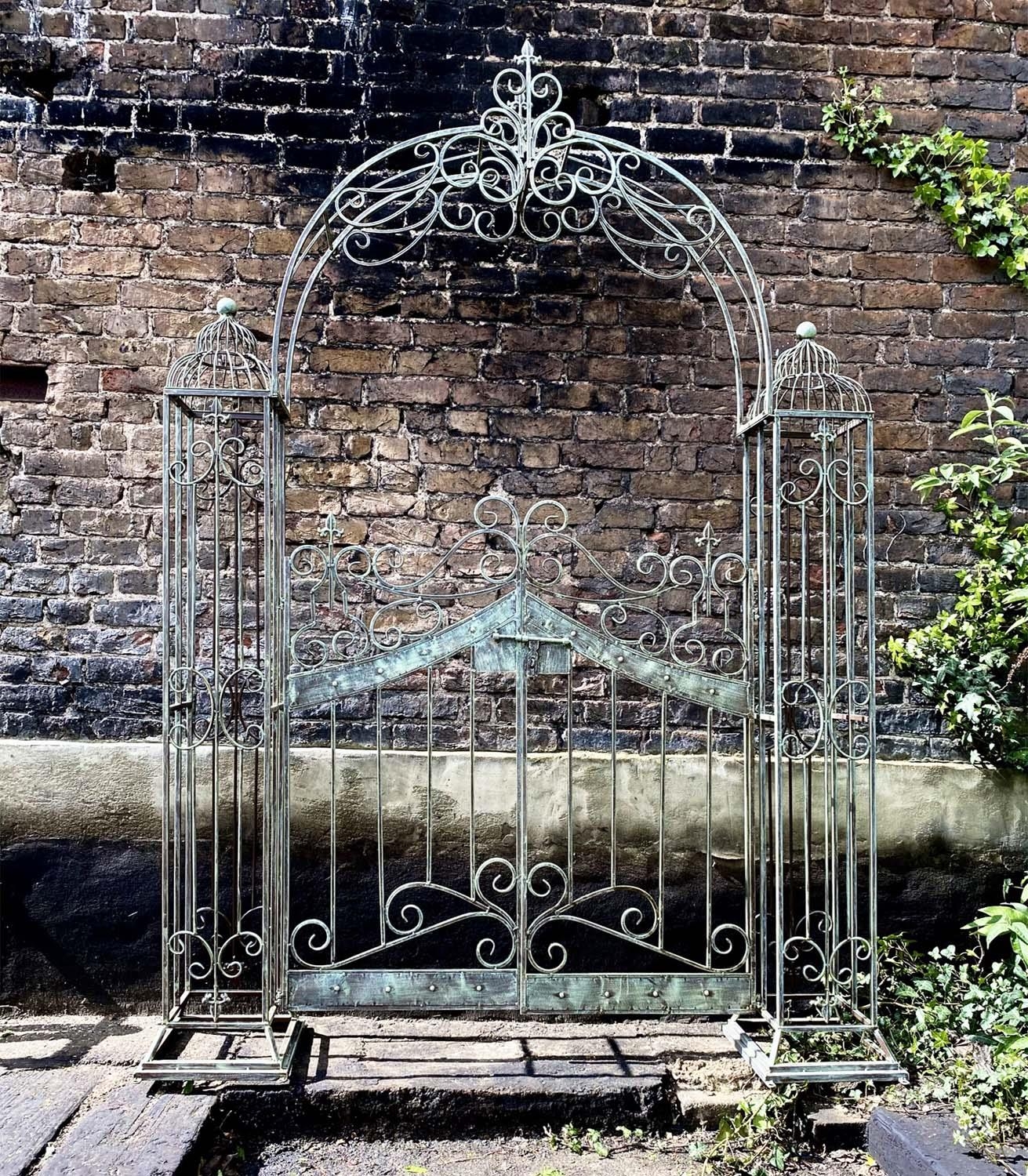 ARCHITECTURAL GARDEN GATE, Regency style, distressed metal frame, 250cm high, 185cm wide, 38cm deep. - Bild 6 aus 6