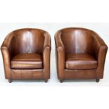 TUB ARMCHAIRS, a pair, natural soft mid brown leather upholstered with rounded backs, 78cm W. (2)