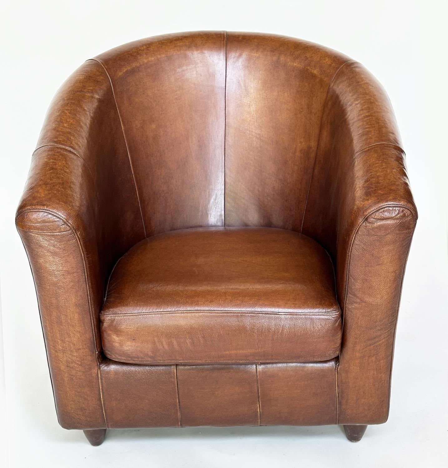 TUB ARMCHAIRS, a pair, natural soft mid brown leather upholstered with rounded backs, 78cm W. (2) - Image 7 of 12