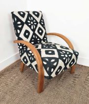 HALBALA ARMCHAIR, mid 20th century bentwood in black and white geometric material, 77cm H x 60cm W x