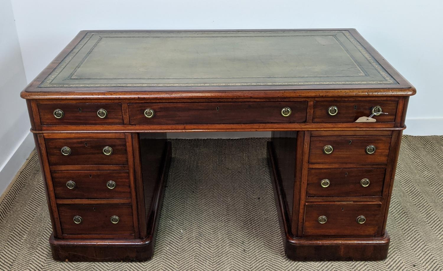 PEDESTAL DESK, Victorian mahogany with a tooled inlaid green leather top over nine drawers, 140cm - Bild 3 aus 18