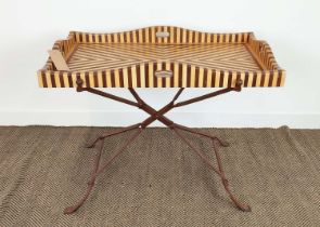 ATTRIBUTED TO BILL WILLIS TRAY TABLE, Moroccan, geometric inlaid top with gallery edge on an iron