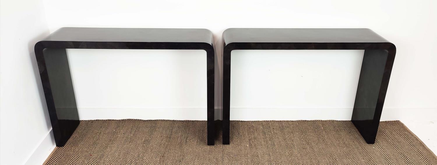 CONSOLE TABLES, a pair, black lacquered tessellated design, 83cm H x 120cm W x 35cm D. (2)