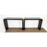 CONSOLE TABLES, a pair, black lacquered tessellated design, 83cm H x 120cm W x 35cm D. (2)