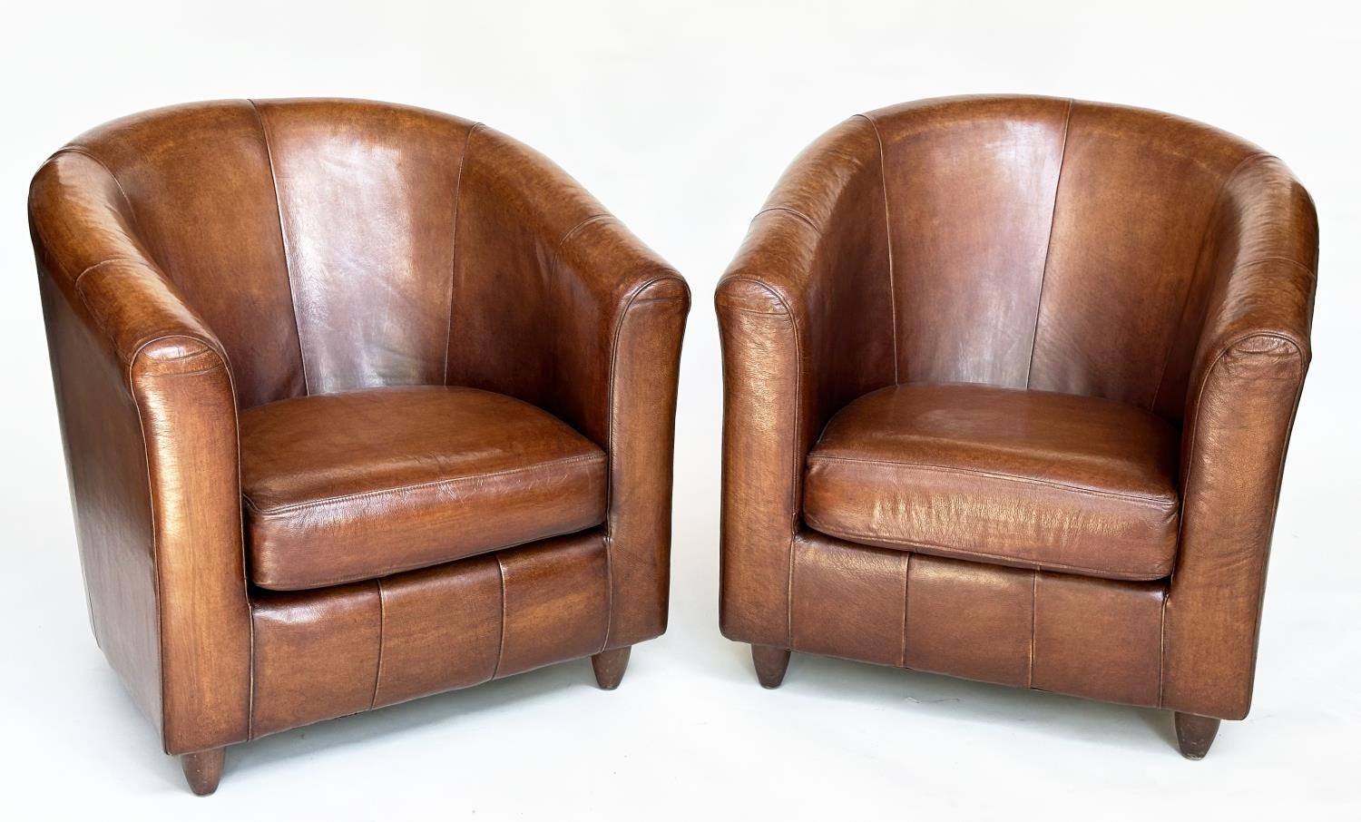 TUB ARMCHAIRS, a pair, natural soft mid brown leather upholstered with rounded backs, 78cm W. (2) - Image 5 of 12