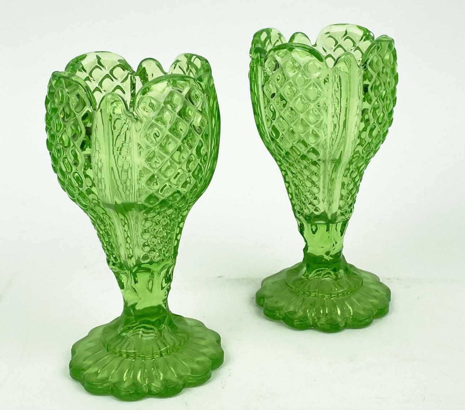 QUANTITY OF GREEN URANIUM GLASS, three pairs of candlesticks, a large figural vase, a mermaid - Image 10 of 16