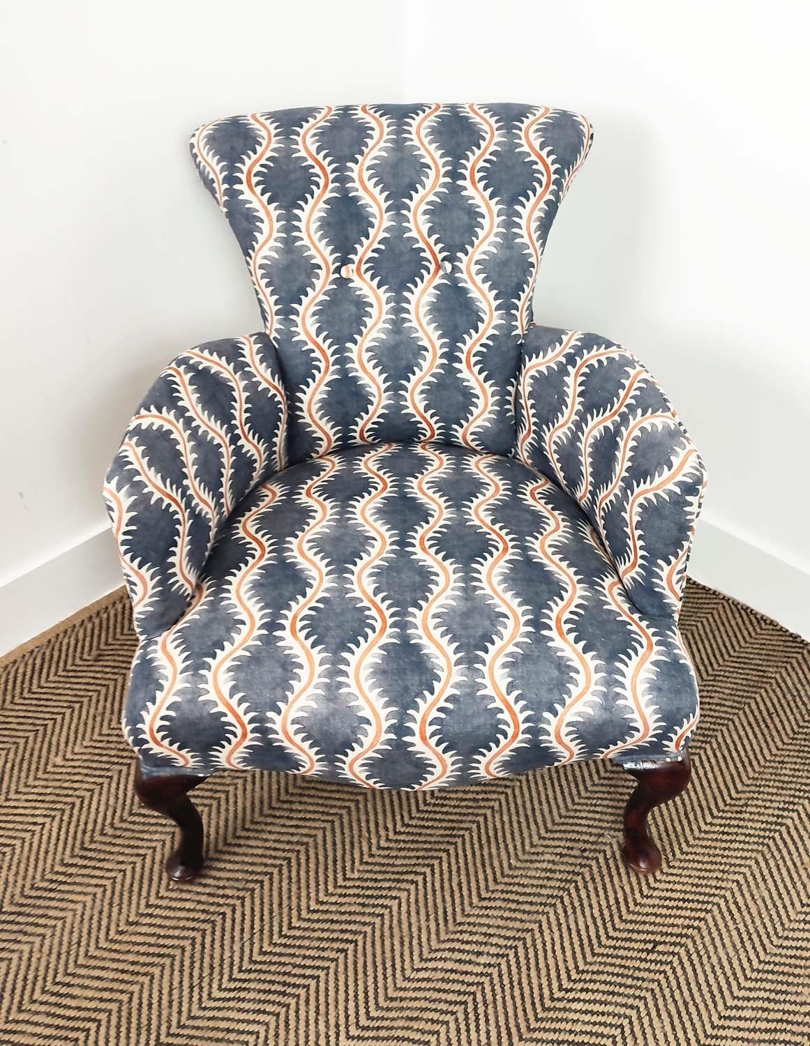 ARMCHAIR, Edwardian upholstered in patterned fabric and navy blue velvet, 74cm H x 62cm. - Image 6 of 12