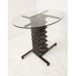 GLASS TOP DINING TABLE, with bespoke helix design metal base, 78cm H x 100cm D.