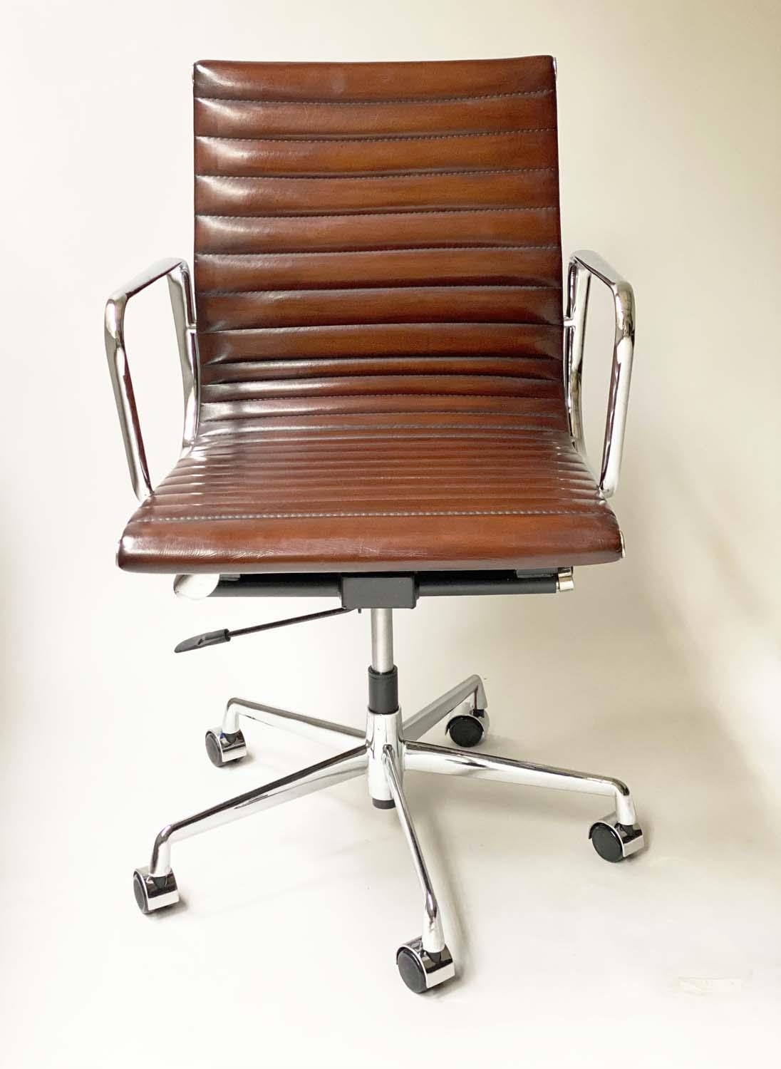REVOLVING DESK CHAIR, Charles and Ray Eames inspired ribbed soft natural tan brown hand finished - Image 2 of 8