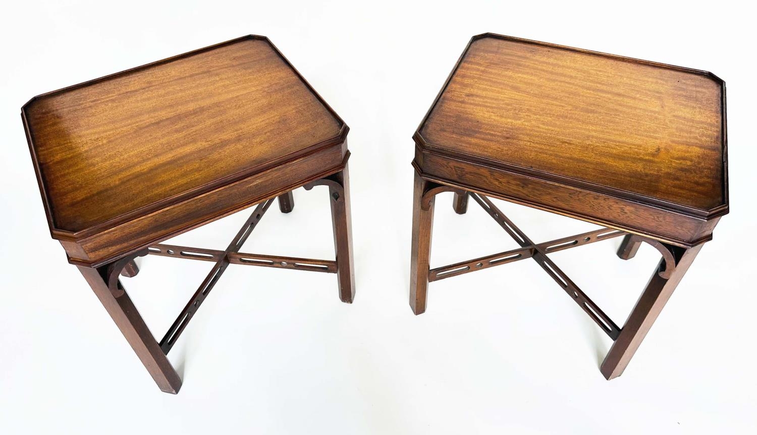 LAMP TABLES, a pair, George III design mahogany each with canted corners and pierced 'X' stretchers, - Image 5 of 9