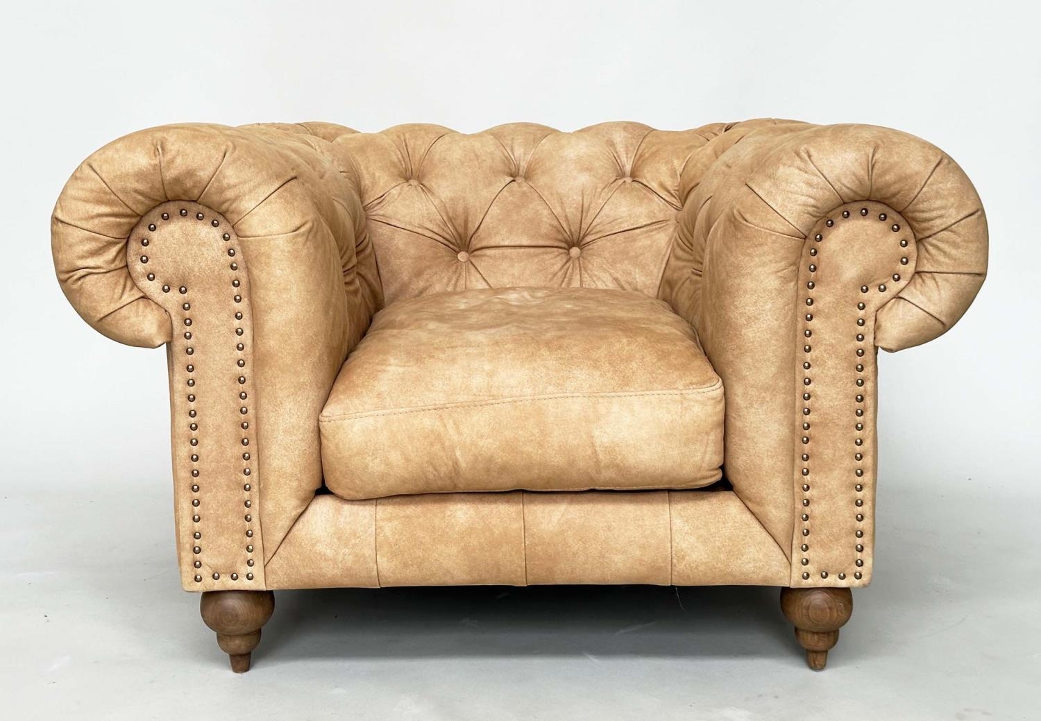 CHESTERFIELD ARMCHAIR, deep buttoned nubuck light tan leather with turned supports, 116cm x 73cm H. - Image 7 of 7