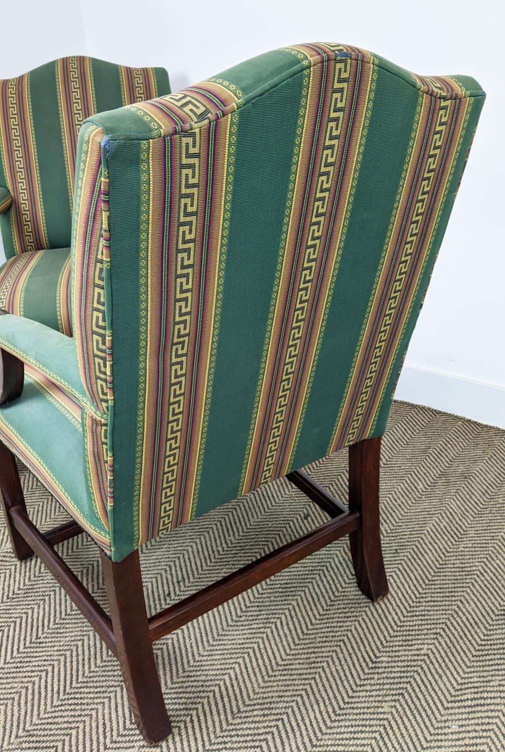 GAINSBOROUGH STYLE ARMCHAIRS, a pair, mahogany in green Greek key striped fabric, 102cm H x 63cm. ( - Image 16 of 18