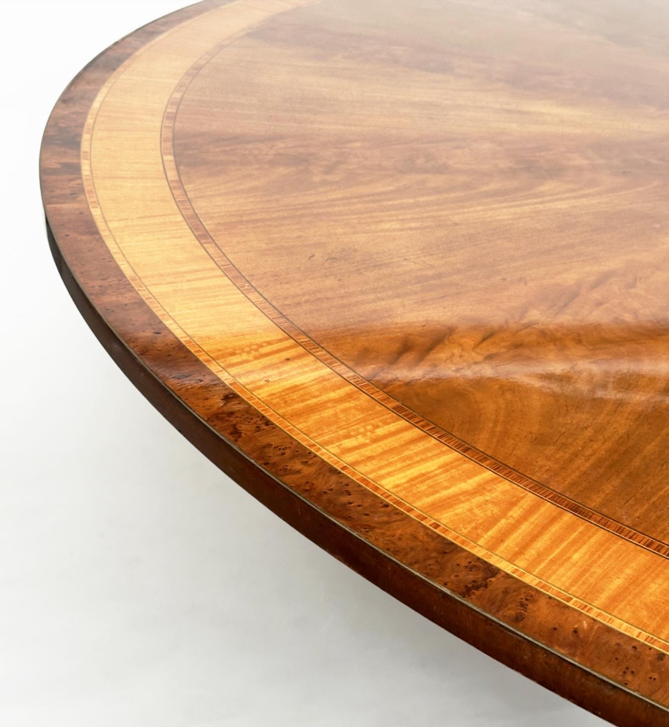 DINING TABLE, circular Regency style radially veneered mahogany and satinwood crossbanded with - Image 9 of 17