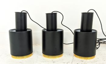 PENDANT LIGHTS, a set of three, 1970s Italian style, black painted metal with gilt detail, 45.5cm