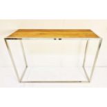 CONSOLE TABLE, polished metal, natural wood top, 70cm x 101cm x 30cm.