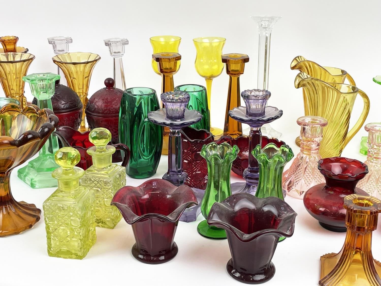 QUANTITY OF URANIUM GLASS, various items including pairs of candlesticks, jugs, lidded vases, - Image 4 of 12