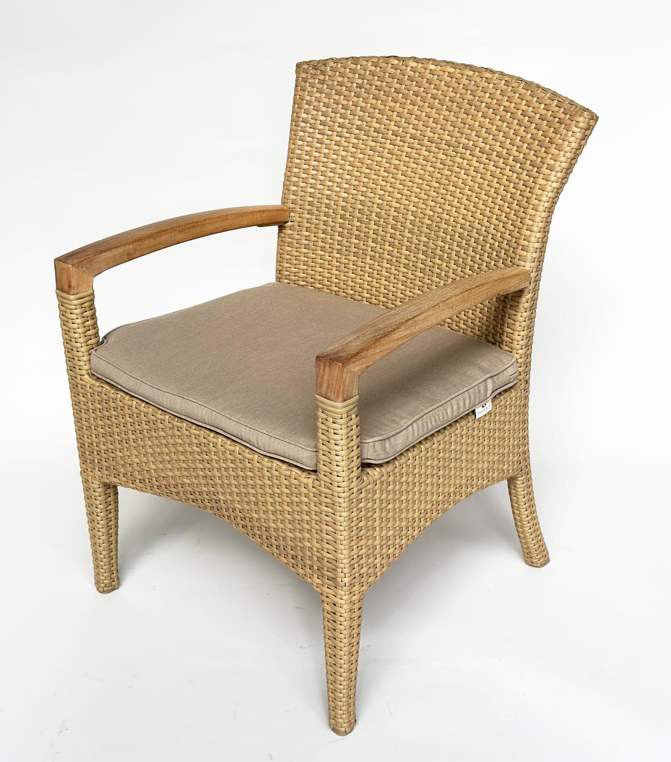 TERRACE/GARDEN ARMCHAIRS BY GLOSTER, a pair, all weather rattan woven and teak framed with cushions, - Image 5 of 11