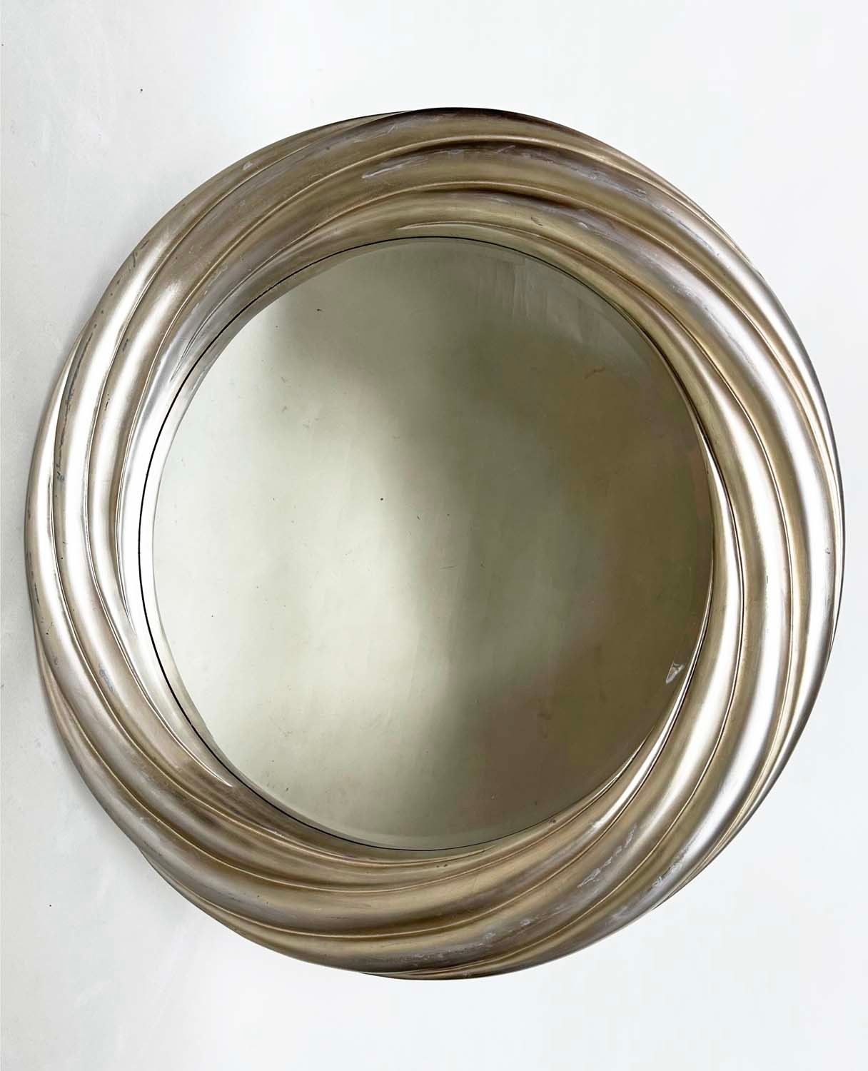 R. V. ASTLEY CIRCULAR WALL MIRROR, leaf silvered rope swirl with bevelled mirror plate, 114cm W.