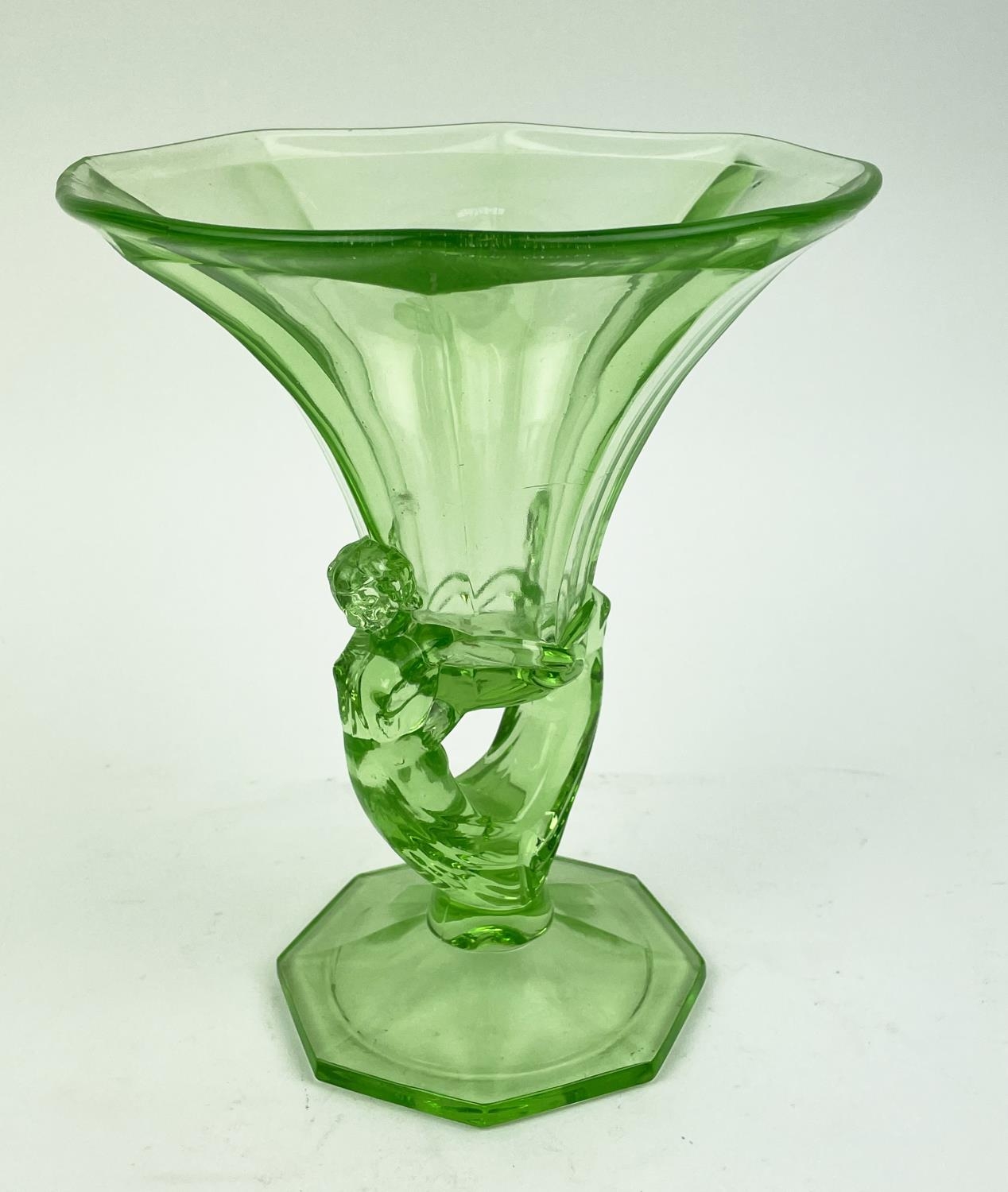 QUANTITY OF GREEN URANIUM GLASS, three pairs of candlesticks, a large figural vase, a mermaid - Image 7 of 16