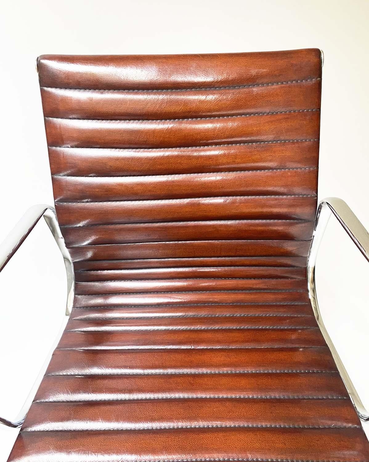 REVOLVING DESK CHAIR, Charles and Ray Eames inspired ribbed soft natural tan brown hand finished - Image 5 of 8