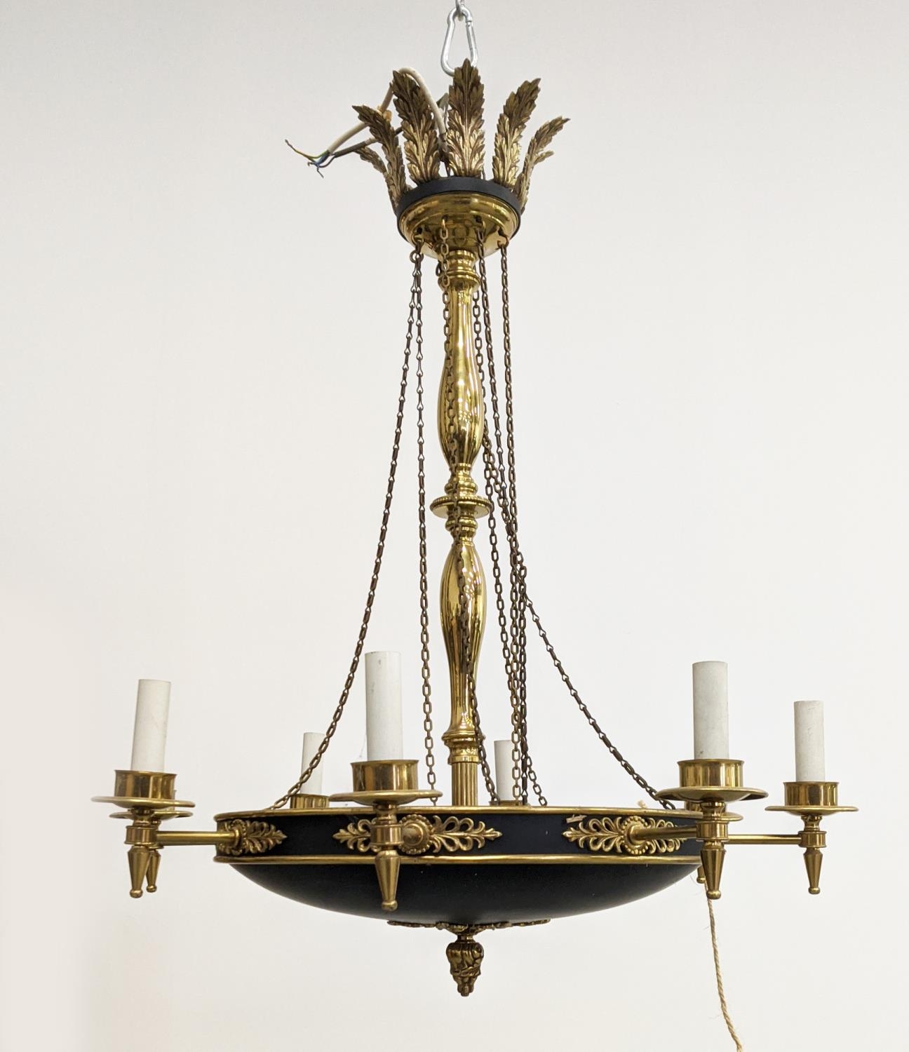 CEILING LIGHT EMPIRE STYLE, black metal and brass with acanthus leaf detail, 77cm W x 96cm H approx. - Bild 3 aus 14