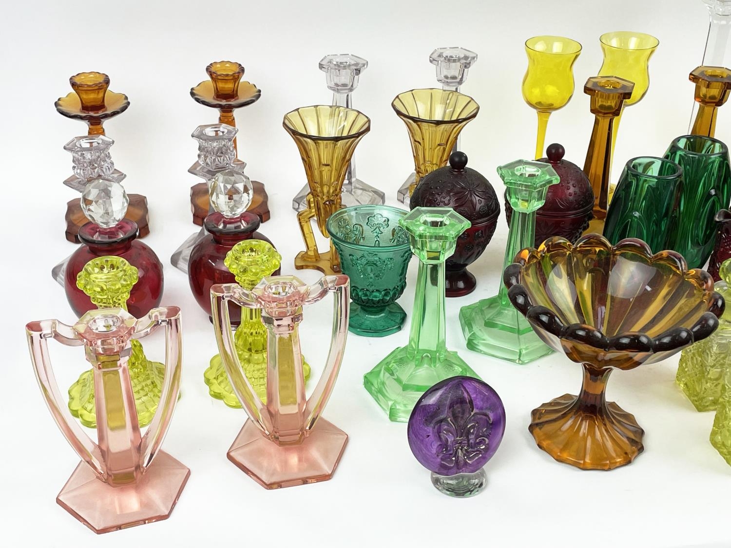 QUANTITY OF URANIUM GLASS, various items including pairs of candlesticks, jugs, lidded vases, - Image 5 of 12