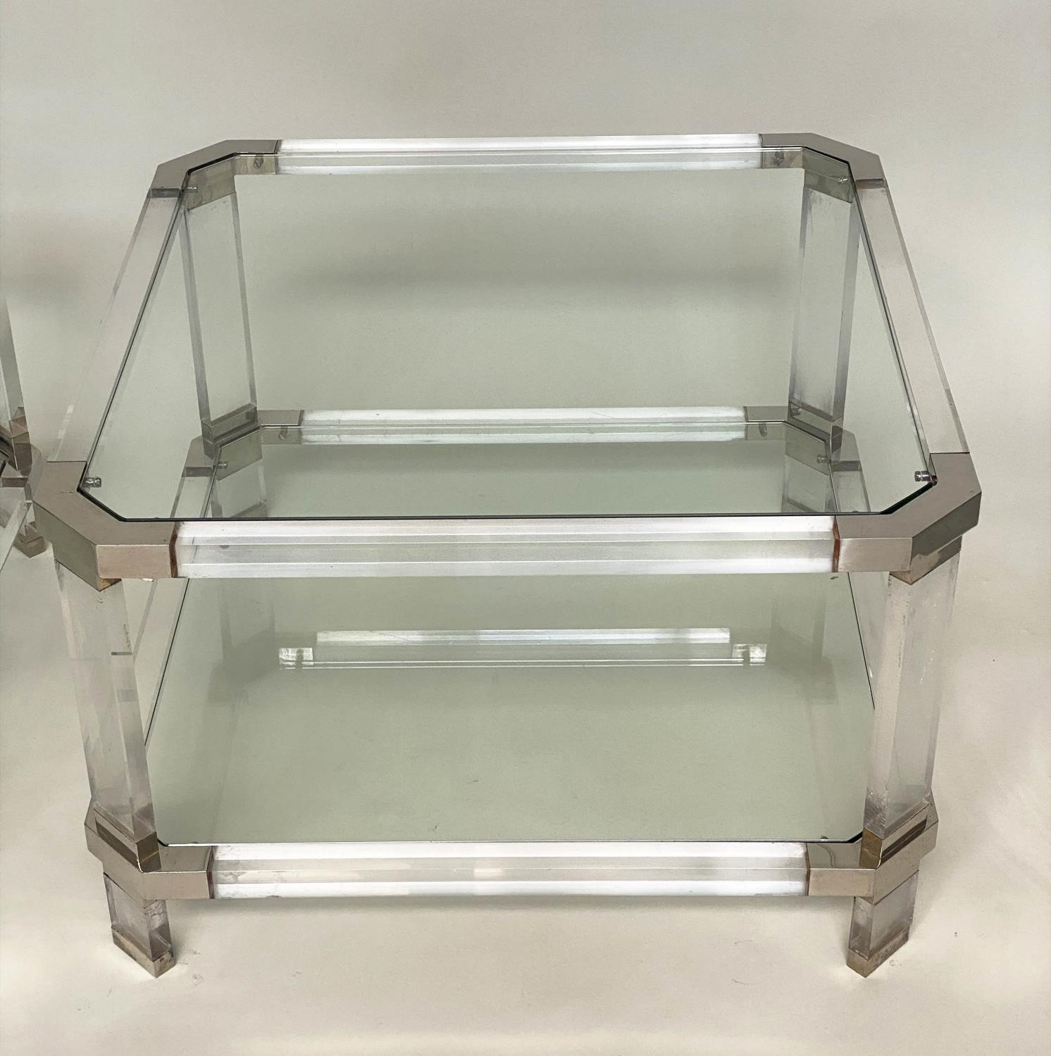SIDE TABLES, a pair, 1970's lucite and glass, polished metal detail, 45cmx 45cm x 40cm H. (2) - Image 5 of 7