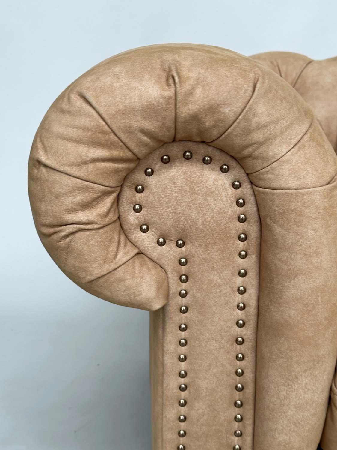 CHESTERFIELD ARMCHAIR, deep buttoned nubuck light tan leather with turned supports, 116cm x 73cm H. - Image 5 of 7