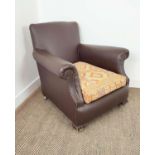 CLUB ARMCHAIR, early 20th century oak in brown leatherette with kilim seat cushion and modern