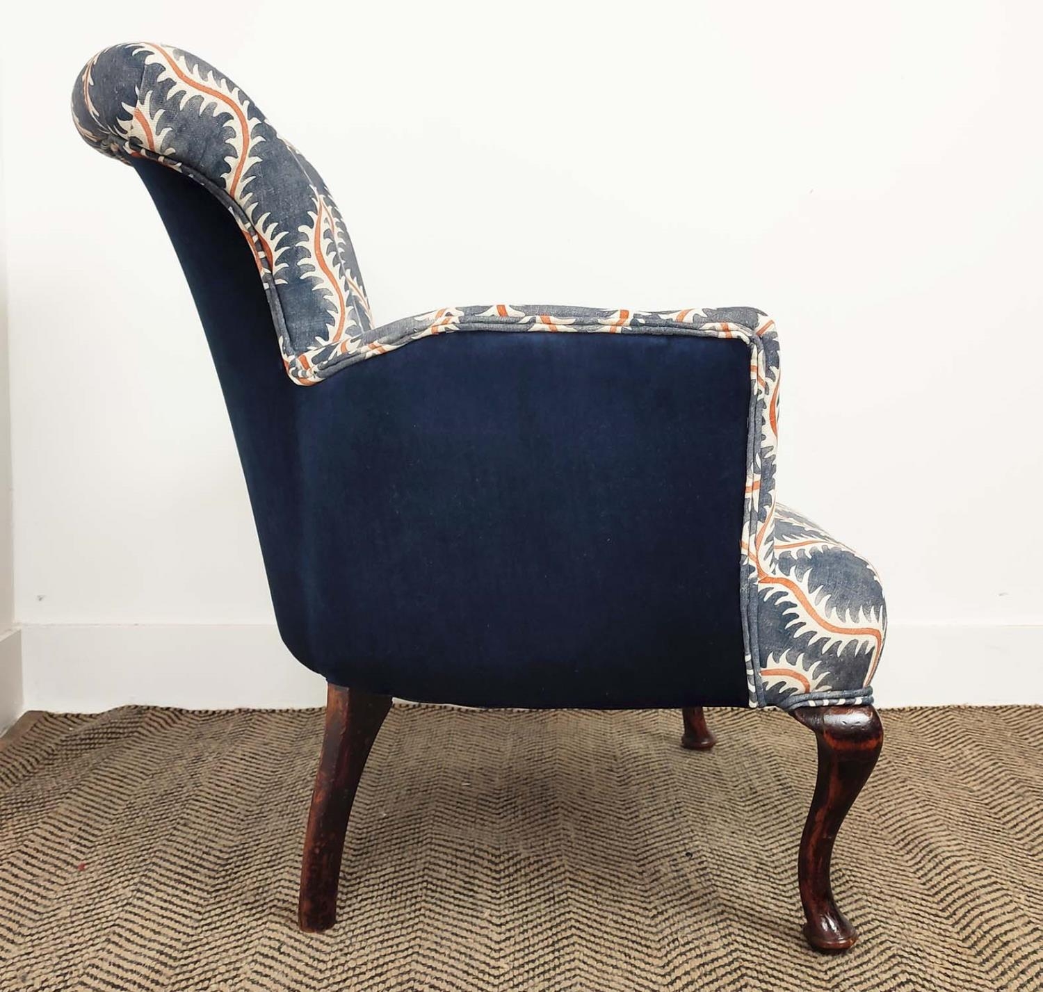 ARMCHAIR, Edwardian upholstered in patterned fabric and navy blue velvet, 74cm H x 62cm. - Image 12 of 12