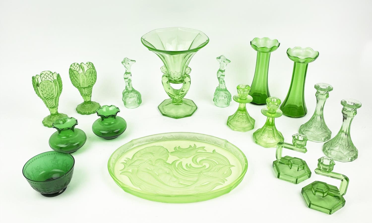 QUANTITY OF GREEN URANIUM GLASS, three pairs of candlesticks, a large figural vase, a mermaid - Image 2 of 16