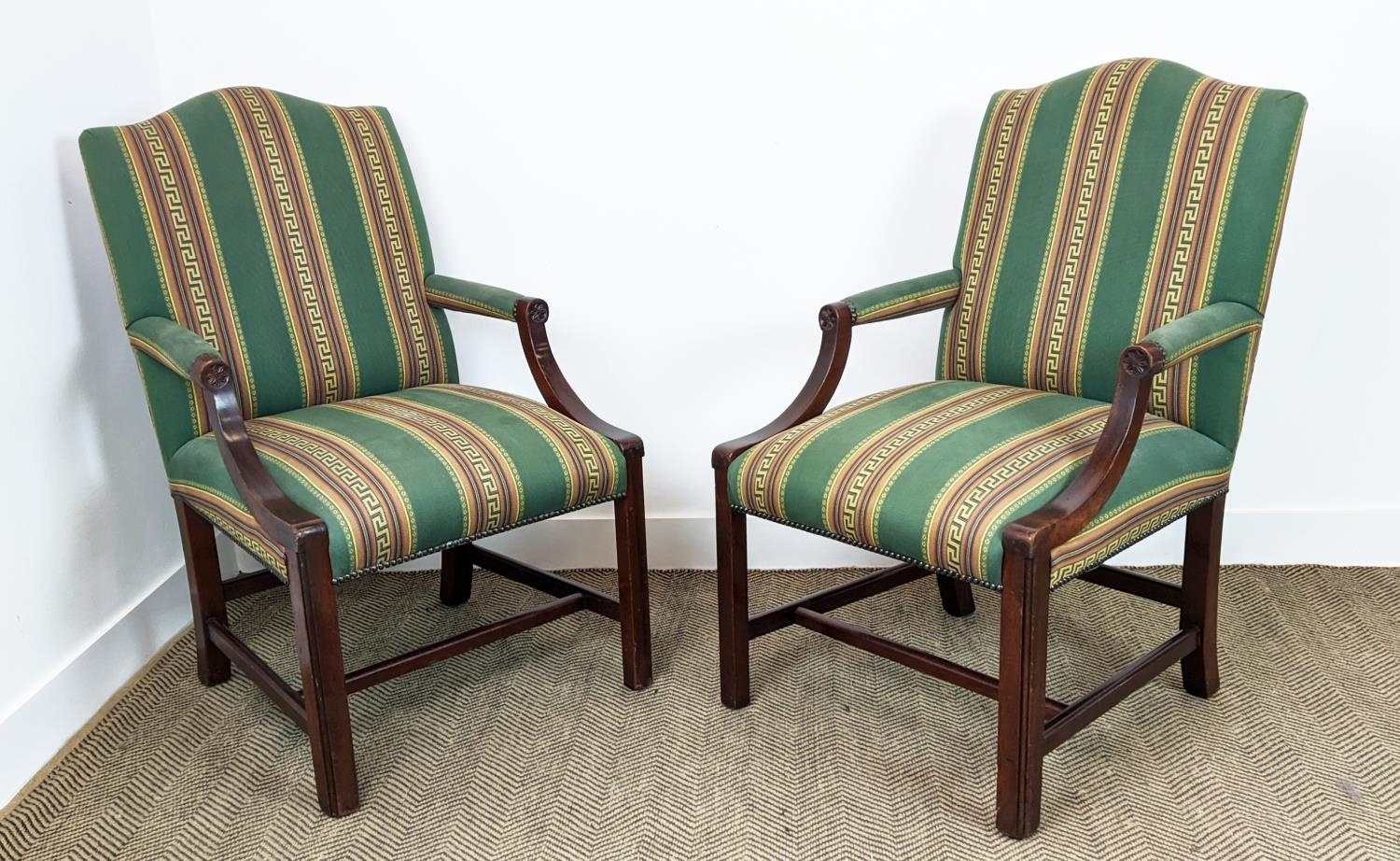 GAINSBOROUGH STYLE ARMCHAIRS, a pair, mahogany in green Greek key striped fabric, 102cm H x 63cm. (