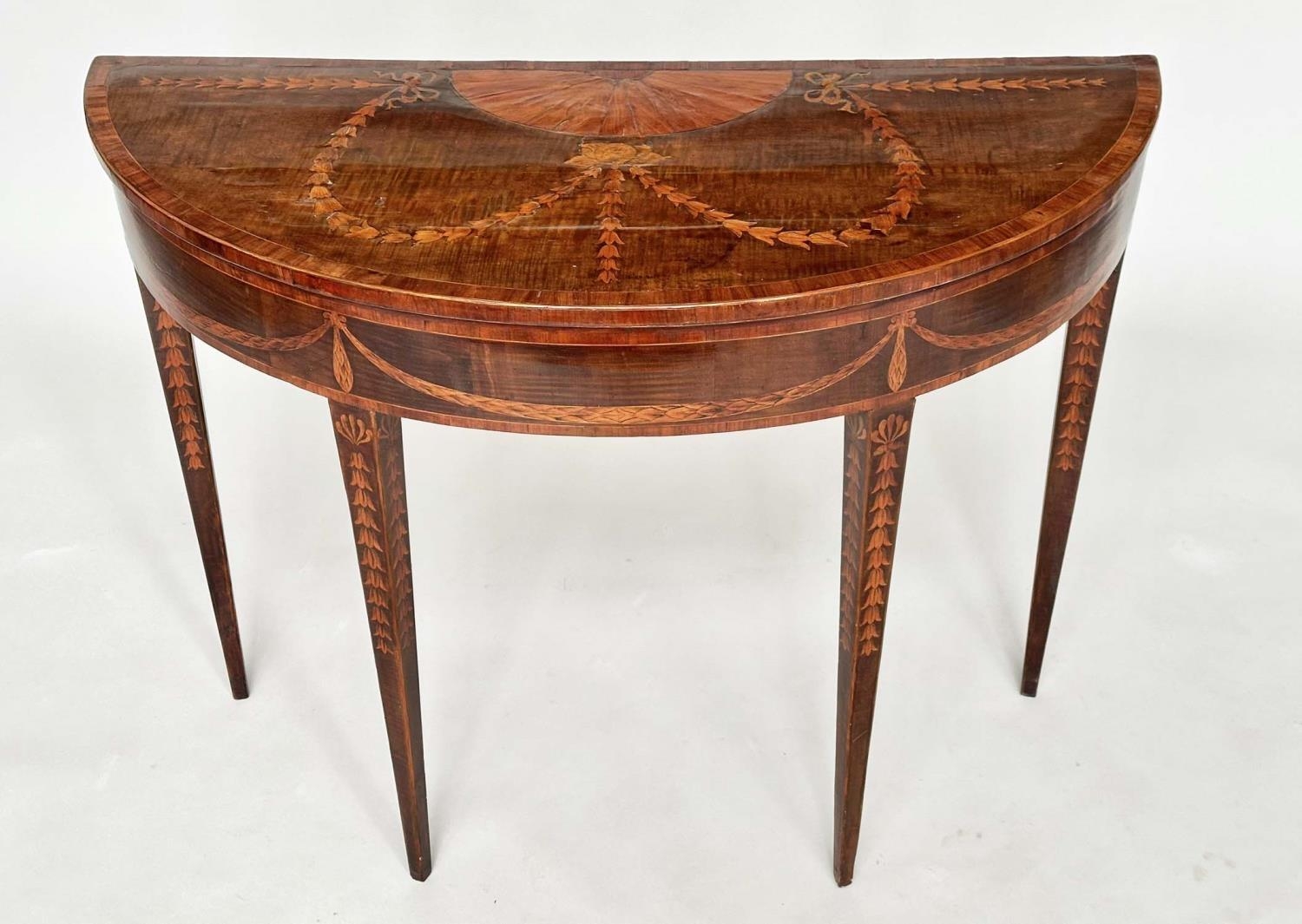 DEMI LUNE SIDE TABLE, George III, probably Irish, fiddle back mahogany and satinwood marquetry - Image 12 of 16