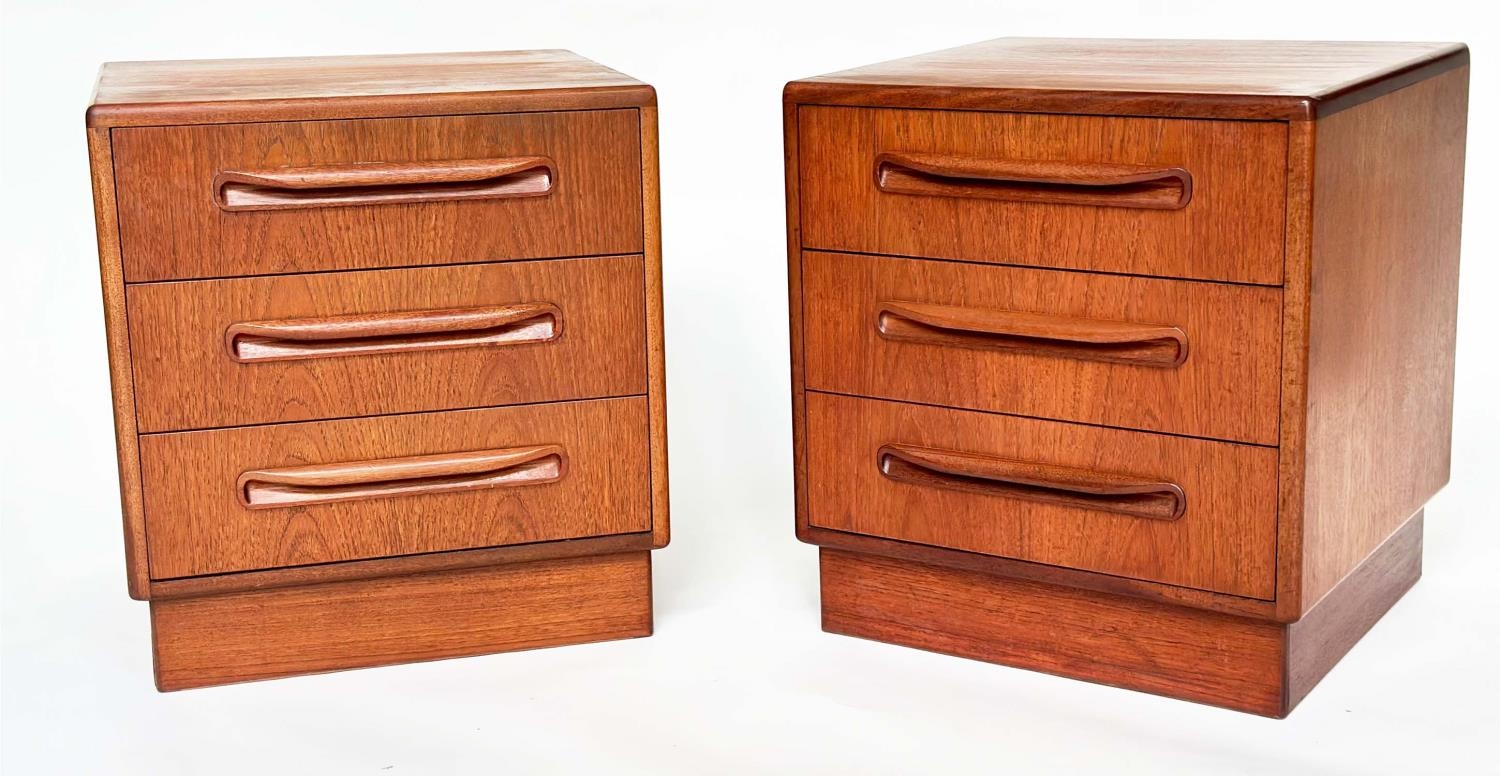 G PLAN SIDE CHESTS, a pair, vintage 1970s teak, each with three drawers, reverse labels dated - Image 5 of 9