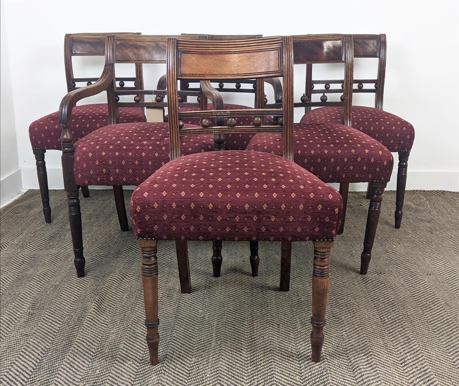 DINING CHAIRS, a set of six, Regency mahogany including two armchairs with burgundy patterned - Image 3 of 8