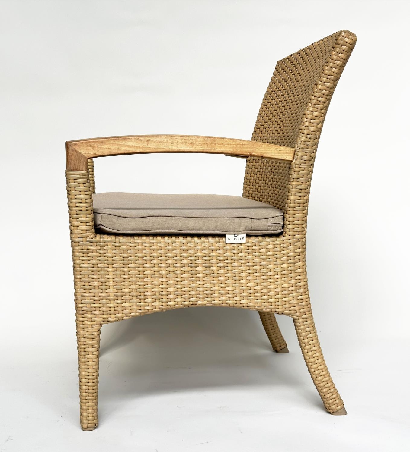 TERRACE/GARDEN ARMCHAIRS BY GLOSTER, a pair, all weather rattan woven and teak framed with cushions, - Image 8 of 11