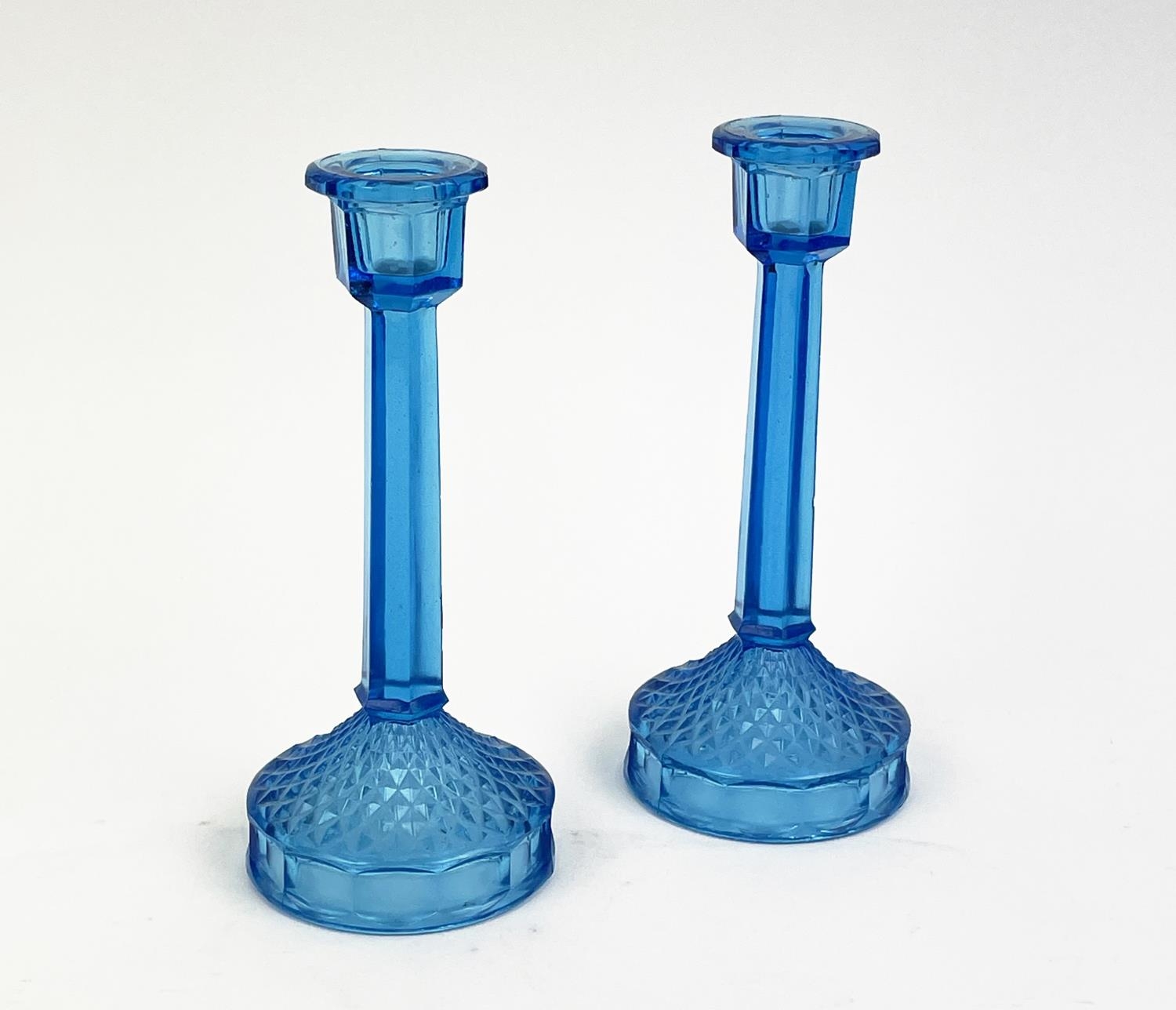 QUANTITY OF BLUE URANIUM GLASS, comprising four pairs of candlesticks, two pairs of icecream - Image 6 of 12