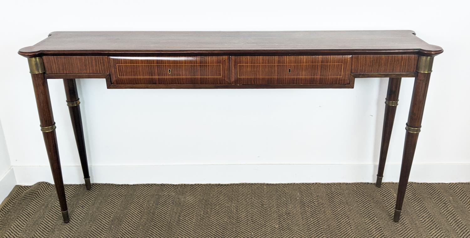 HALL TABLE, mid 20th century palissandre and brass mounted with two drawers, 89cm H x 176cm x 38cm. - Bild 2 aus 14