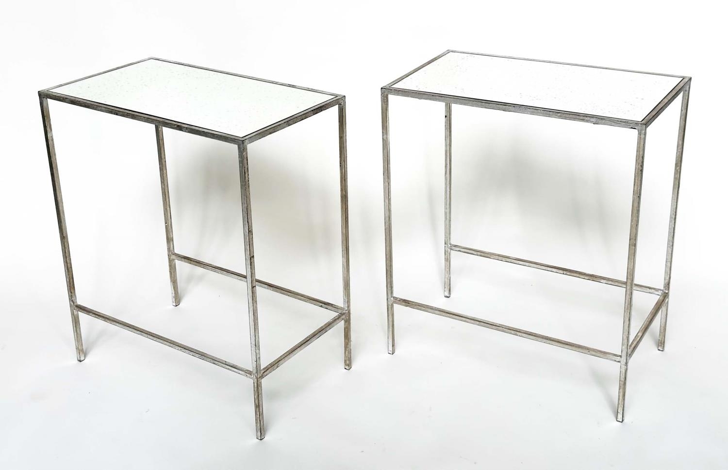 SIDE TABLES, a pair, French style, rectangular antique style leaf silvered metal framed and mirror - Image 2 of 6