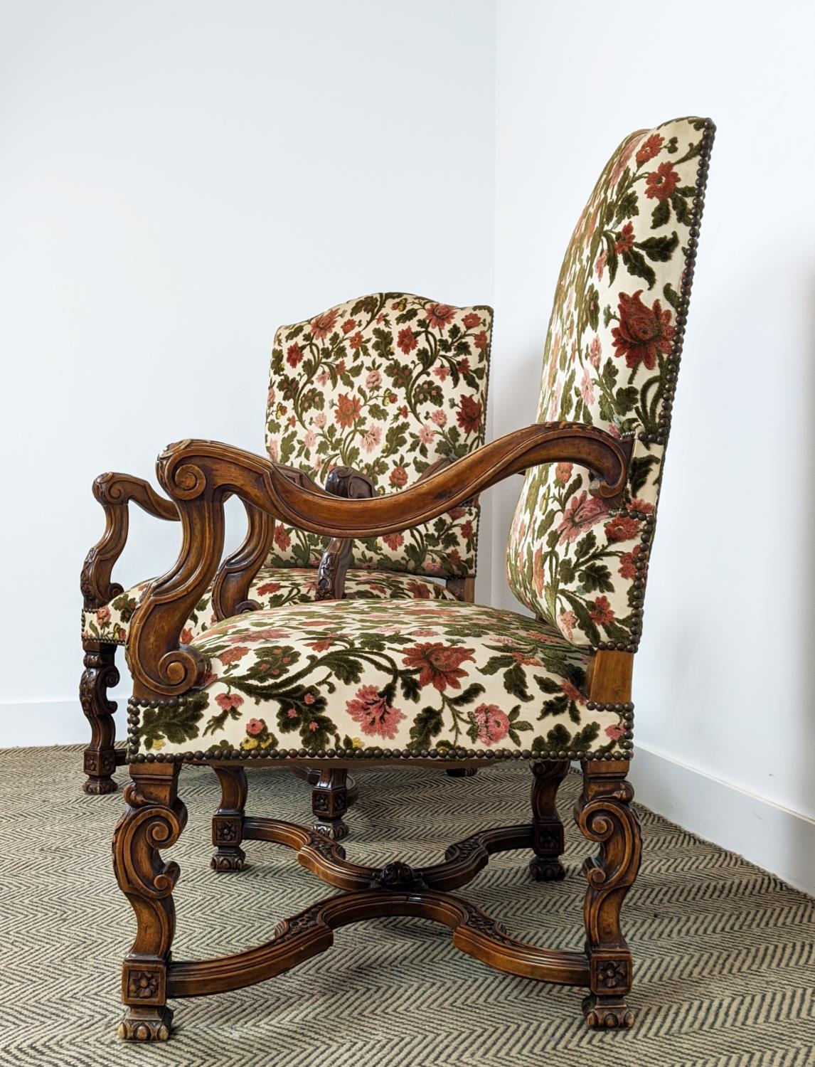 FAUTEUILS, a pair, Louis XIV style walnut in floral cut velvet, 113cm H x 70cm. (2) - Image 6 of 16