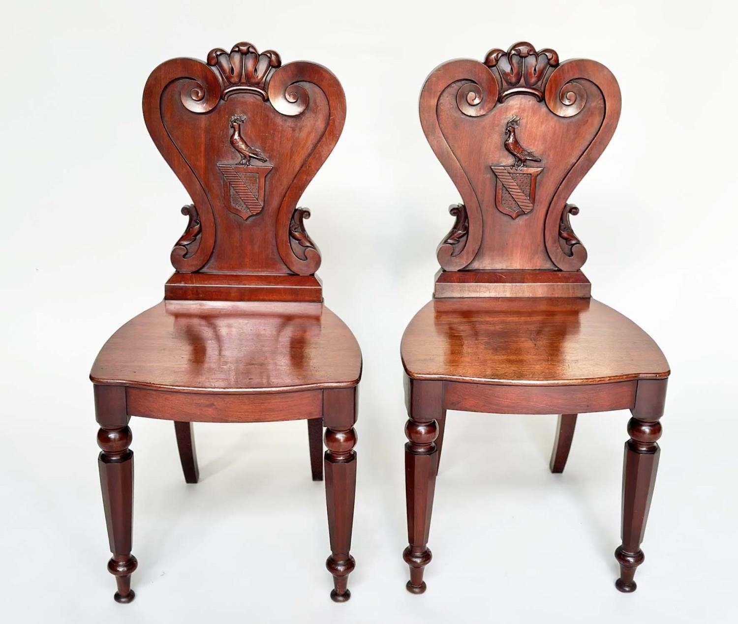 HALL CHAIRS, a pair, George III English Country House mahogany with carved armorial backs and - Image 2 of 14