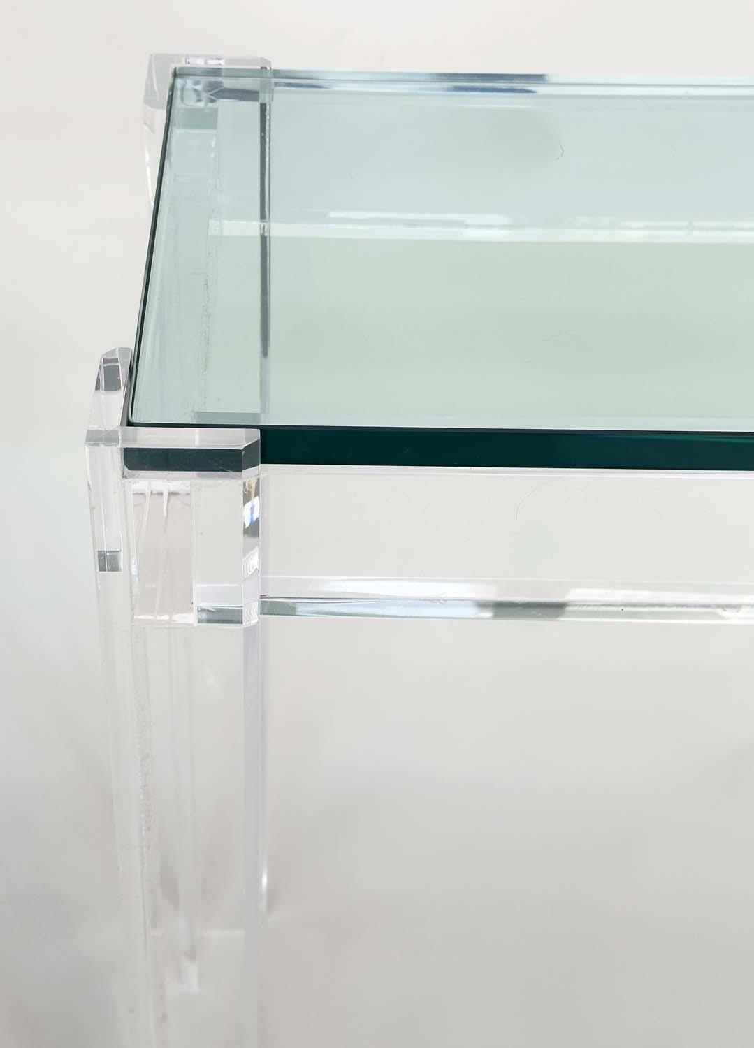 LUCITE CONSOLE TABLE, rectangular plate glass in lucite supports, 109cm W x 34cm D x 75cm H. - Image 4 of 4