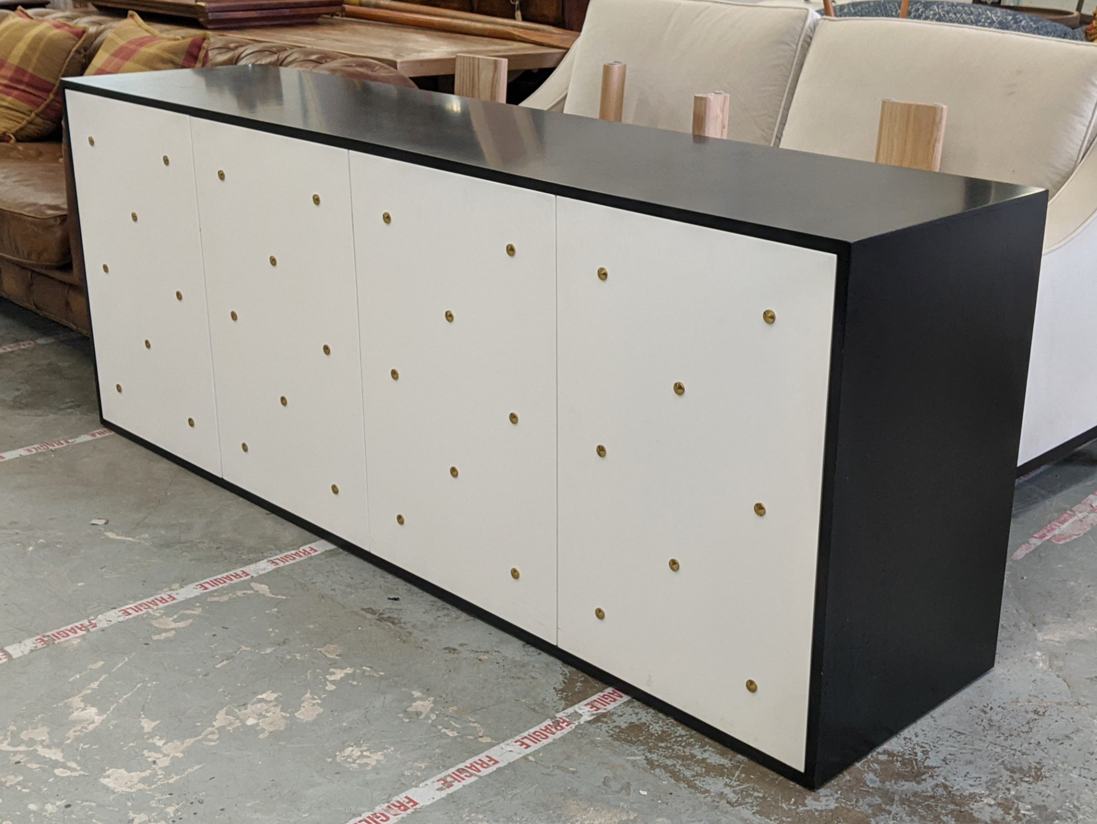 SIDEBOARD, 210cm x 50cm x 81cm approx, black lacquered with white lacquered doors, gilt metal stud - Image 3 of 10