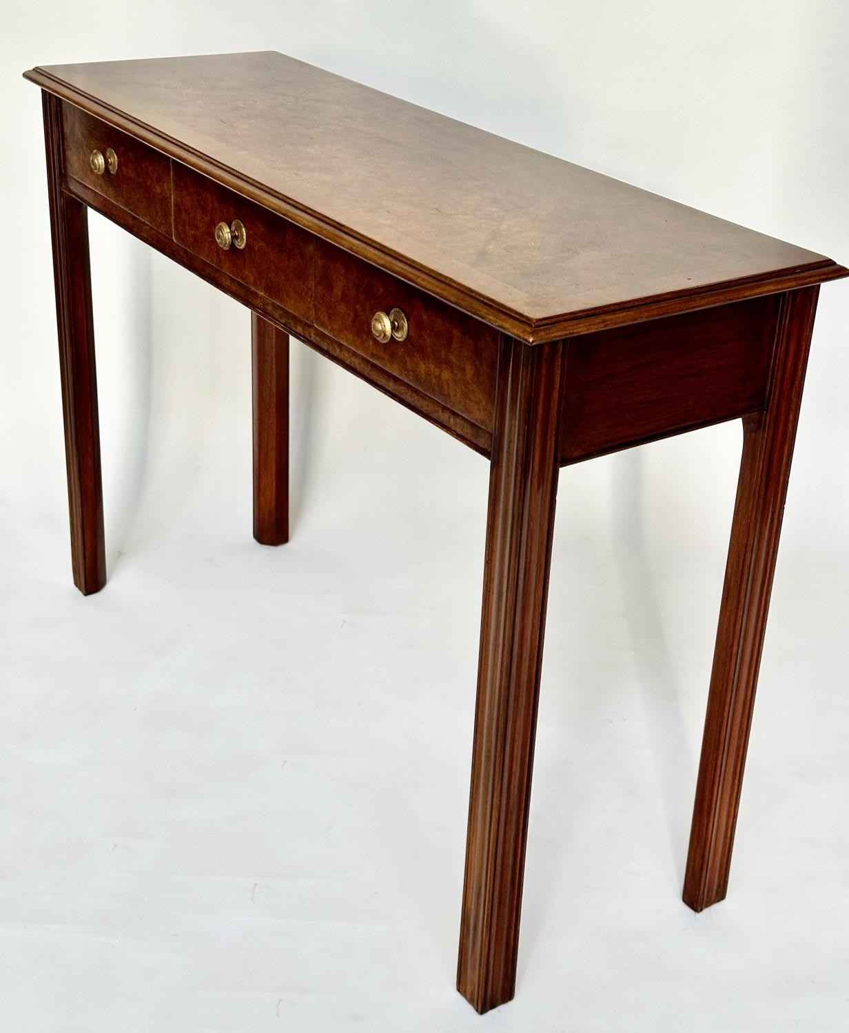 HALL TABLE, George III design walnut and crossbanded with three frieze drawers and channelled - Image 6 of 8