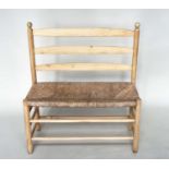HALL SEAT, mid 20th century beech framed with bar back and rush seat, 90cm x 100cm H x 40cm.